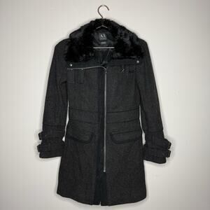 Armani Exchange AX Womens Wool Coat Small Twill Pocket Buckles Faux Fur Neckline